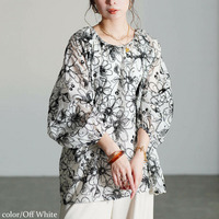 大きいサイズ レディース フロッキー花柄オーガンジーギャザーブラウス