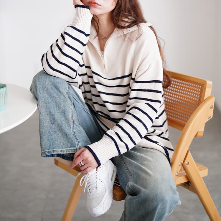 大きいサイズ レディース パネルボーダーハーフZIPニット