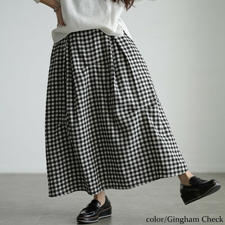 大きいサイズ レディース ギンガムチェック柄タックコクーンスカート6