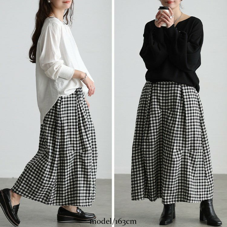 大きいサイズ レディース ギンガムチェック柄タックコクーンスカート9