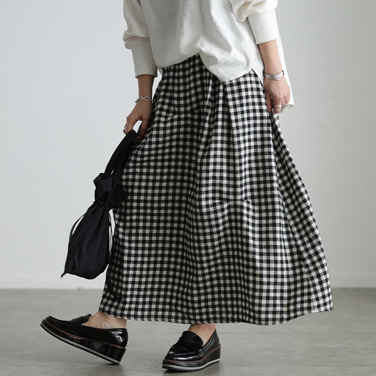大きいサイズ レディース ギンガムチェック柄タックコクーンスカート1