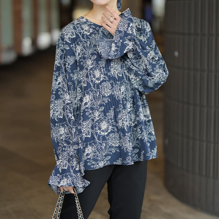 大きいサイズ レディース 花柄消しプリーツキャンディスリーブブラウス10