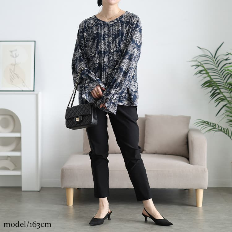 大きいサイズ レディース 花柄消しプリーツキャンディスリーブブラウス12