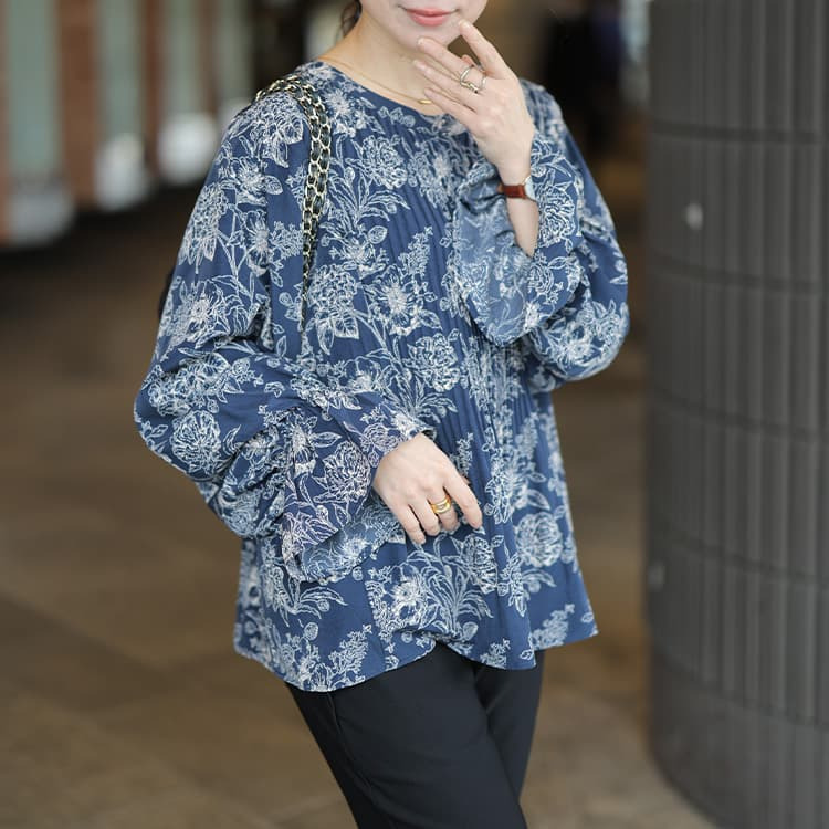 大きいサイズ レディース 花柄消しプリーツキャンディスリーブブラウス13