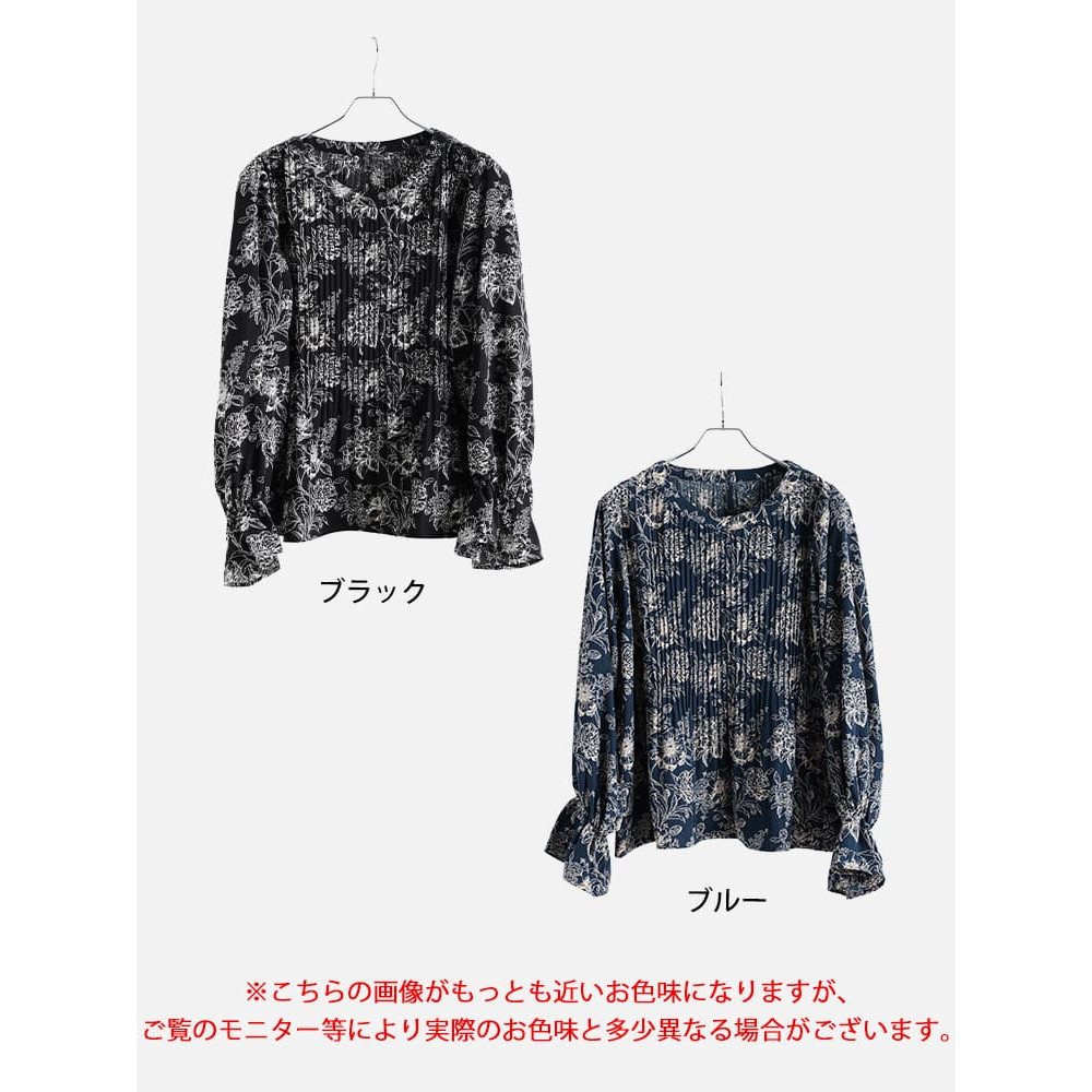 大きいサイズ レディース 花柄消しプリーツキャンディスリーブブラウス16