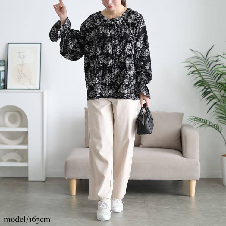 大きいサイズ レディース 花柄消しプリーツキャンディスリーブブラウス6