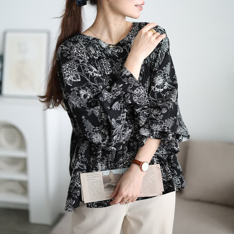 大きいサイズ レディース 花柄消しプリーツキャンディスリーブブラウス7