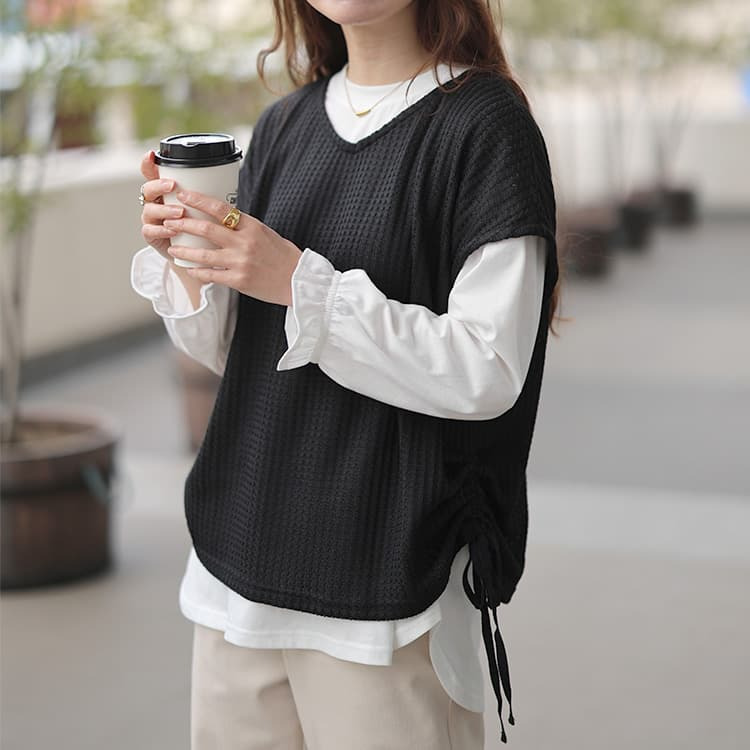 大きいサイズ レディース 脇シャーリングベスト&キャンディスリーブロンT2点セット13