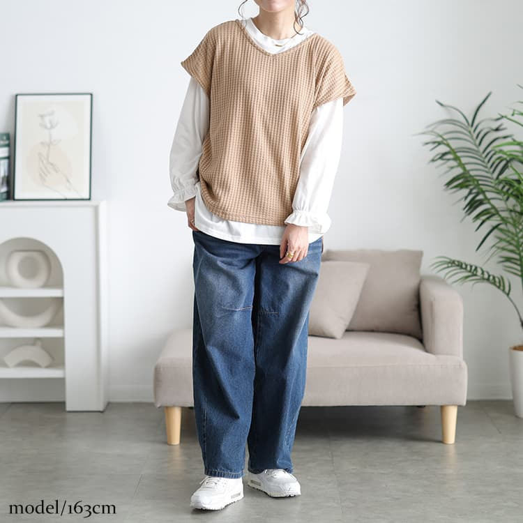 大きいサイズ レディース 脇シャーリングベスト&キャンディスリーブロンT2点セット6