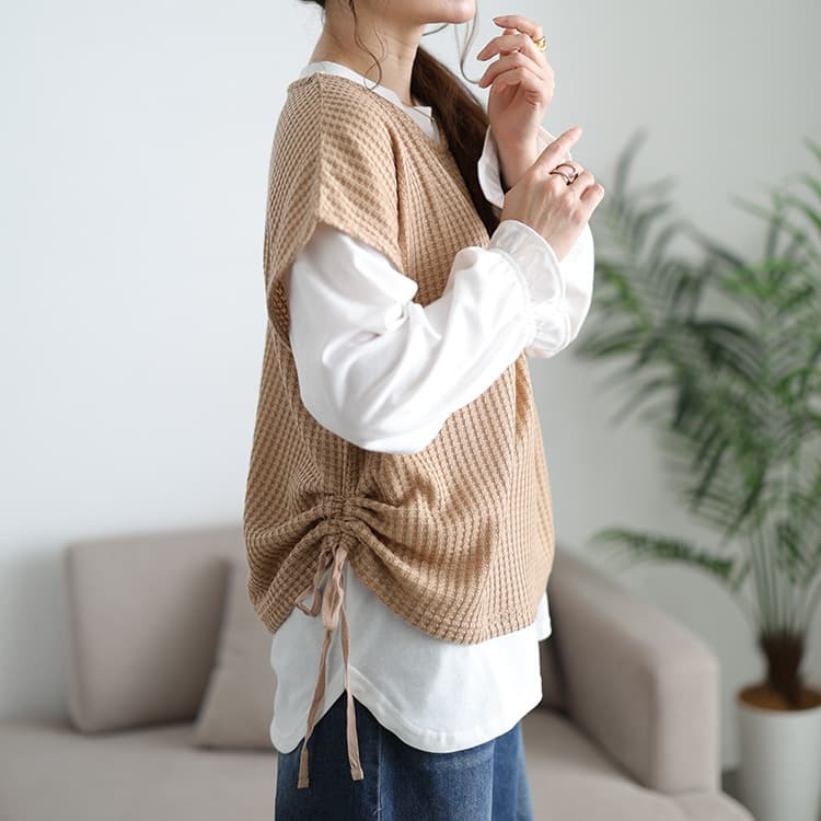 大きいサイズ レディース 脇シャーリングベスト&キャンディスリーブロンT2点セット8