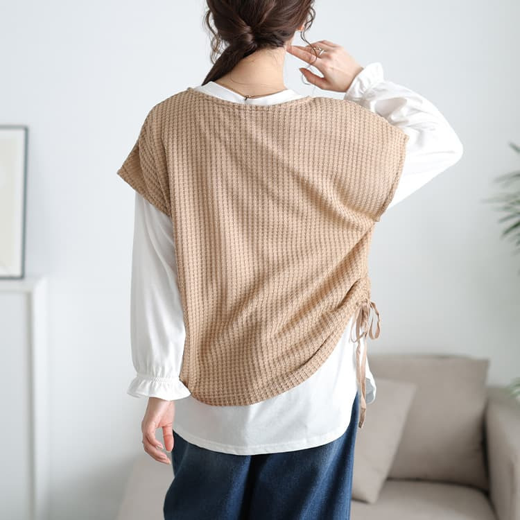 大きいサイズ レディース 脇シャーリングベスト&キャンディスリーブロンT2点セット9