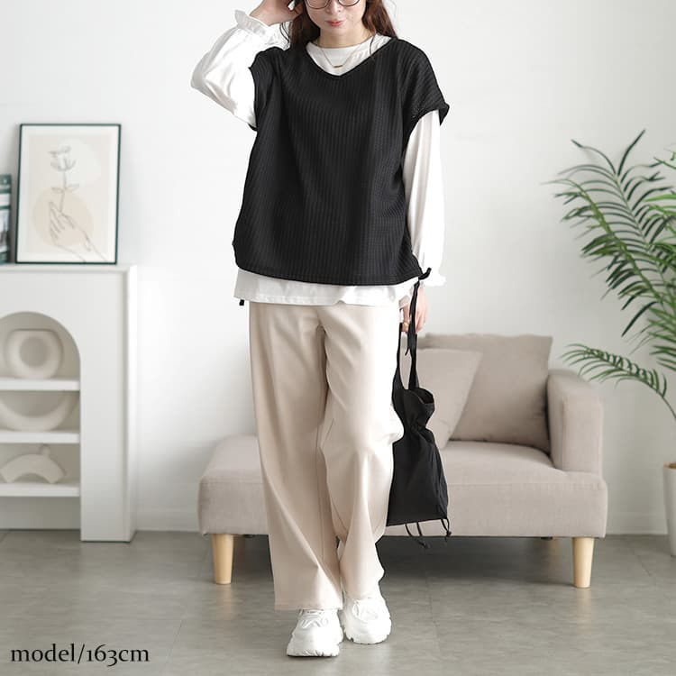 大きいサイズ レディース 脇シャーリングベスト&キャンディスリーブロンT2点セット1