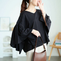 大きいサイズ レディース ギャザーフレアスリーブコットンプルオーバー