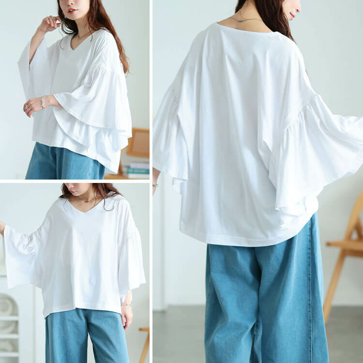 大きいサイズ レディース ギャザーフレアスリーブコットンプルオーバー10