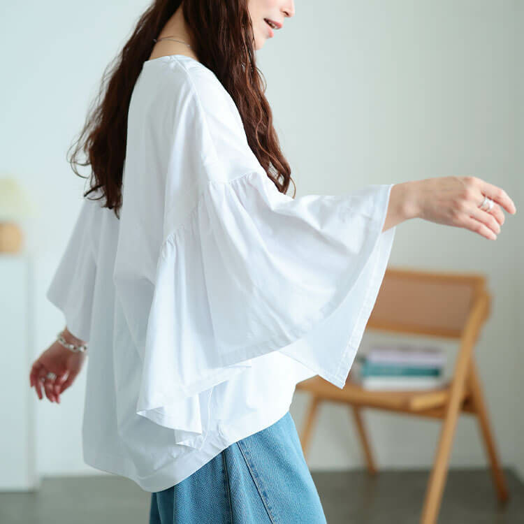 大きいサイズ レディース ギャザーフレアスリーブコットンプルオーバー11