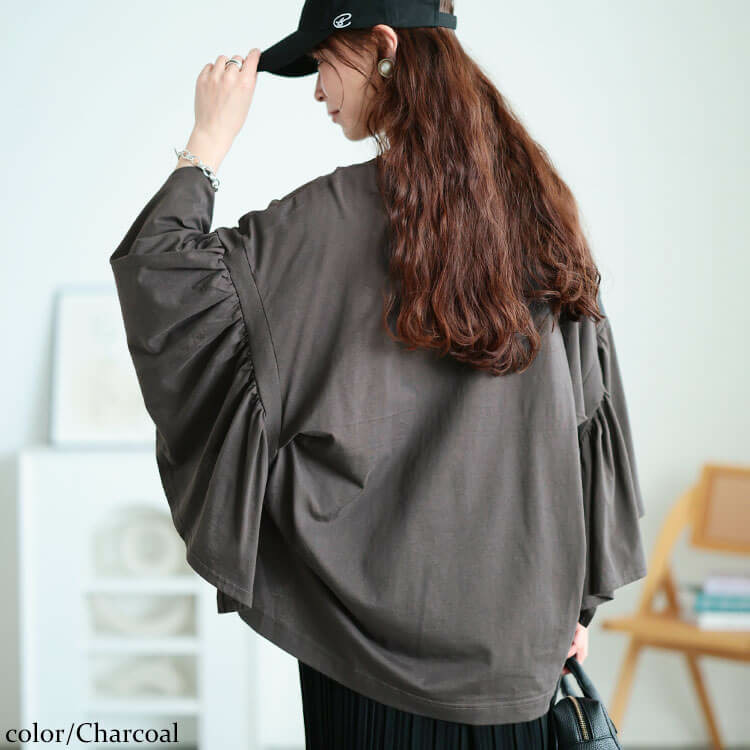 大きいサイズ レディース ギャザーフレアスリーブコットンプルオーバー12