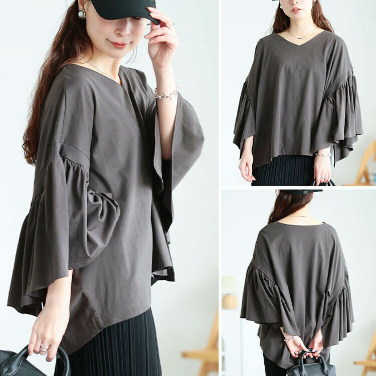 大きいサイズ レディース ギャザーフレアスリーブコットンプルオーバー13