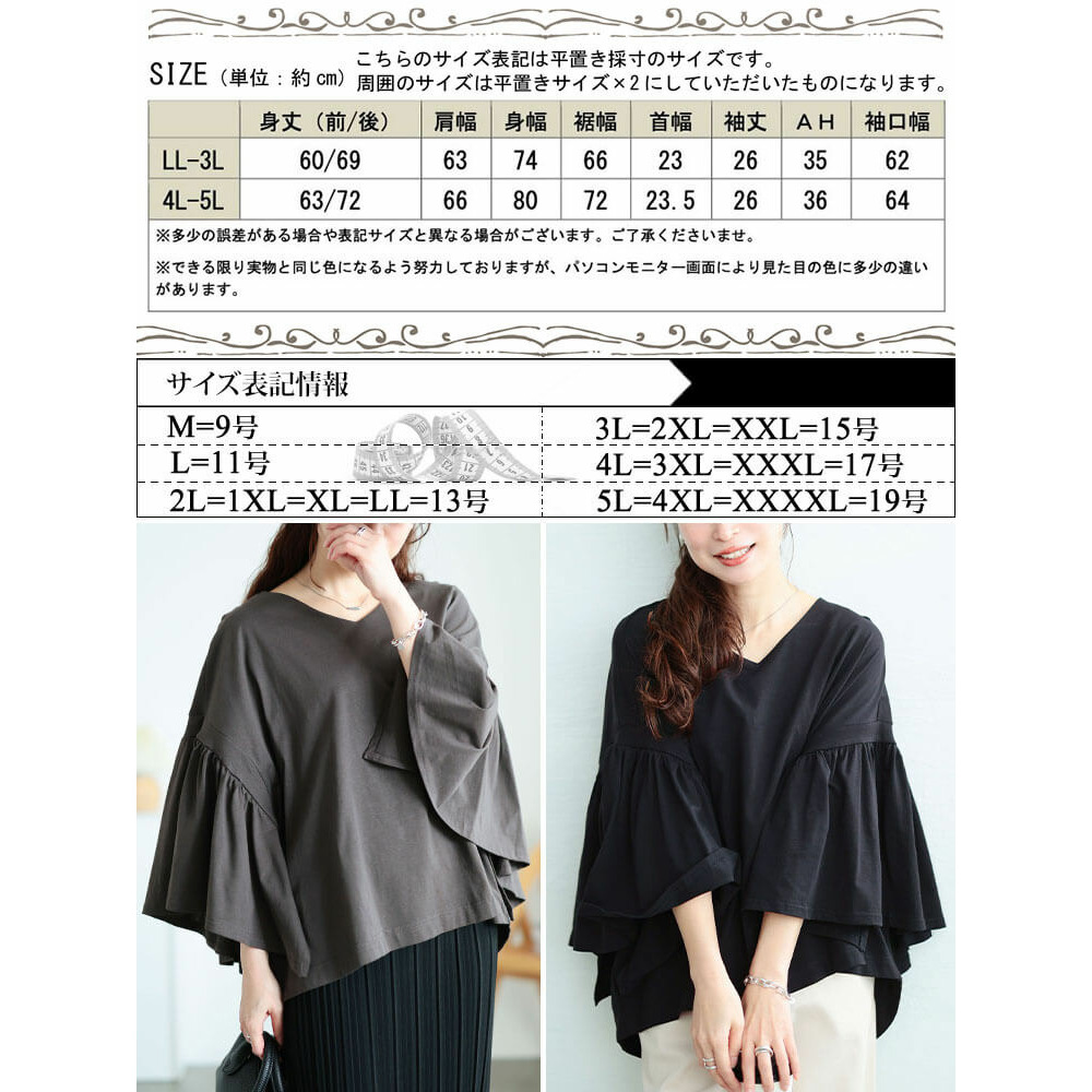 大きいサイズ レディース ギャザーフレアスリーブコットンプルオーバー18
