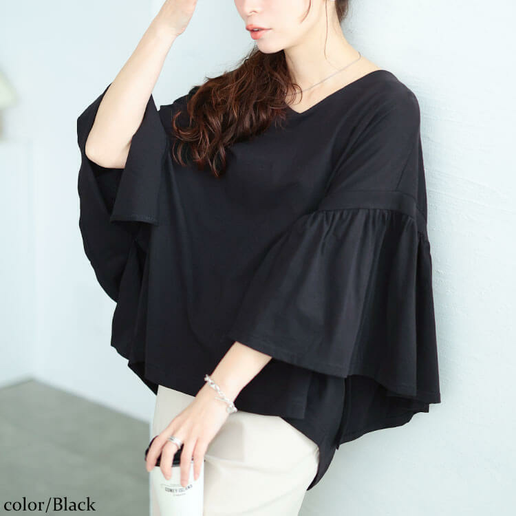 大きいサイズ レディース ギャザーフレアスリーブコットンプルオーバー6