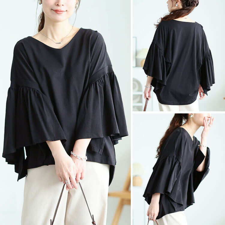 大きいサイズ レディース ギャザーフレアスリーブコットンプルオーバー7