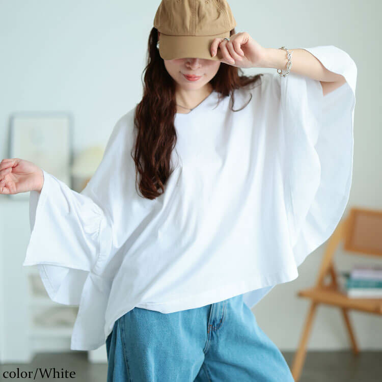 大きいサイズ レディース ギャザーフレアスリーブコットンプルオーバー9