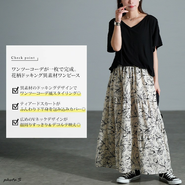 大きいサイズ レディース 冷感花柄ドッキングティアードワンピース2