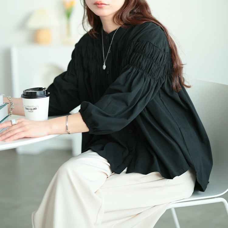 大きいサイズ レディース ピンタックギャザーコットンブラウス13