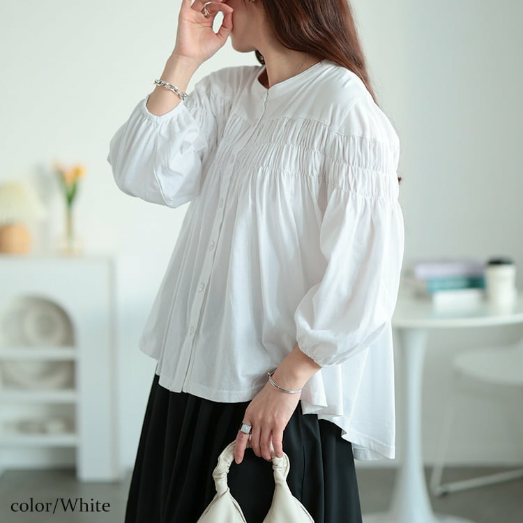 大きいサイズ レディース ピンタックギャザーコットンブラウス7