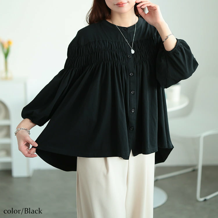 大きいサイズ レディース ピンタックギャザーコットンブラウス1