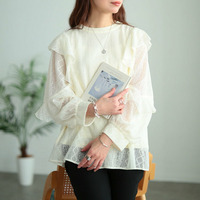 大きいサイズ レディース フリルショルダー幾何学柄レースブラウス