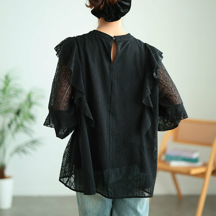 大きいサイズ レディース フリルショルダー幾何学柄レースブラウス11