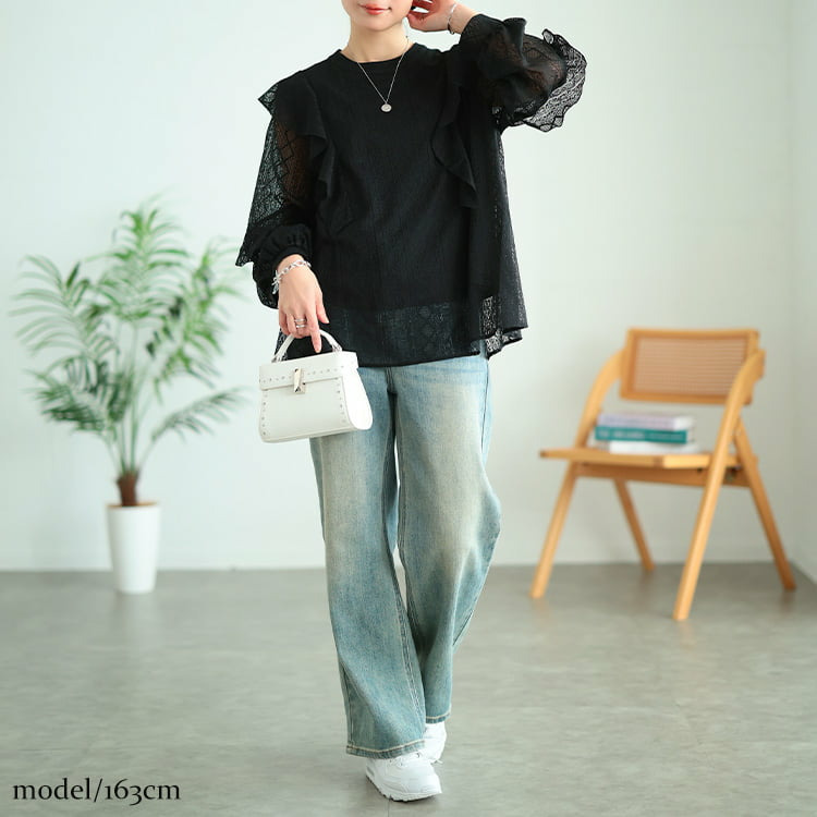 大きいサイズ レディース フリルショルダー幾何学柄レースブラウス12