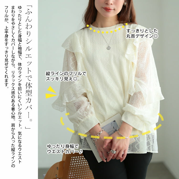 大きいサイズ レディース フリルショルダー幾何学柄レースブラウス4