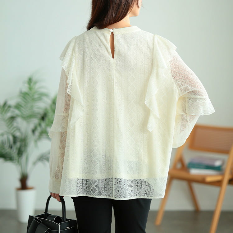 大きいサイズ レディース フリルショルダー幾何学柄レースブラウス8