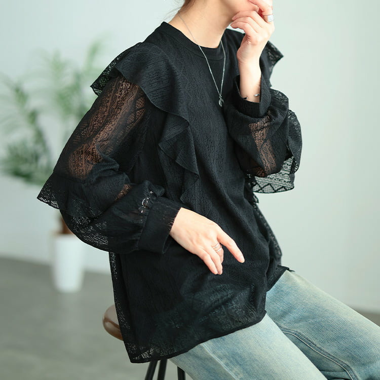 大きいサイズ レディース フリルショルダー幾何学柄レースブラウス1