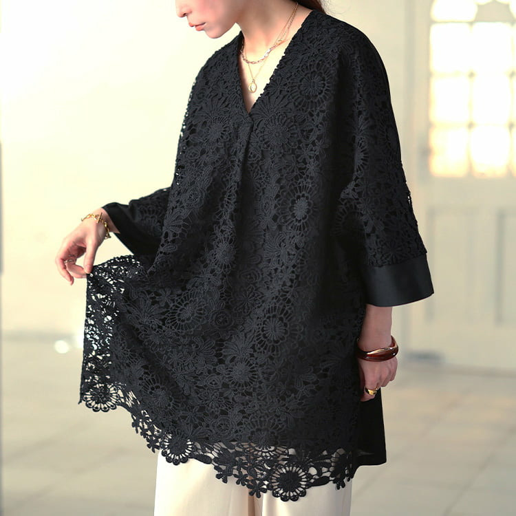 大きいサイズ レディース 花柄レースレイヤードドルマンチュニック7