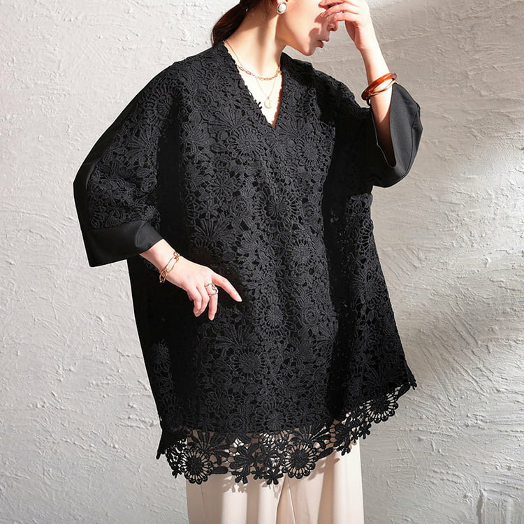 大きいサイズ レディース 花柄レースレイヤードドルマンチュニック9