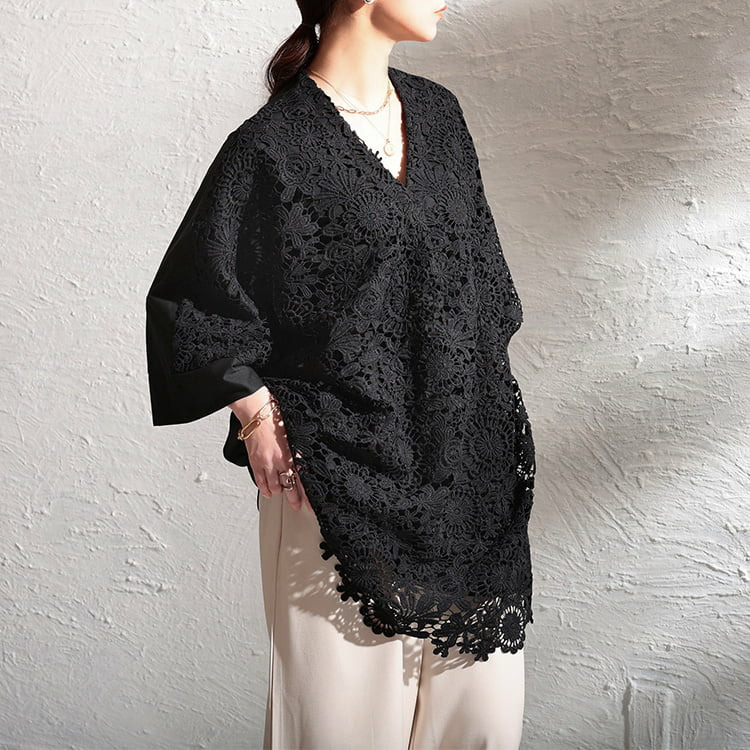 大きいサイズ レディース 花柄レースレイヤードドルマンチュニック1