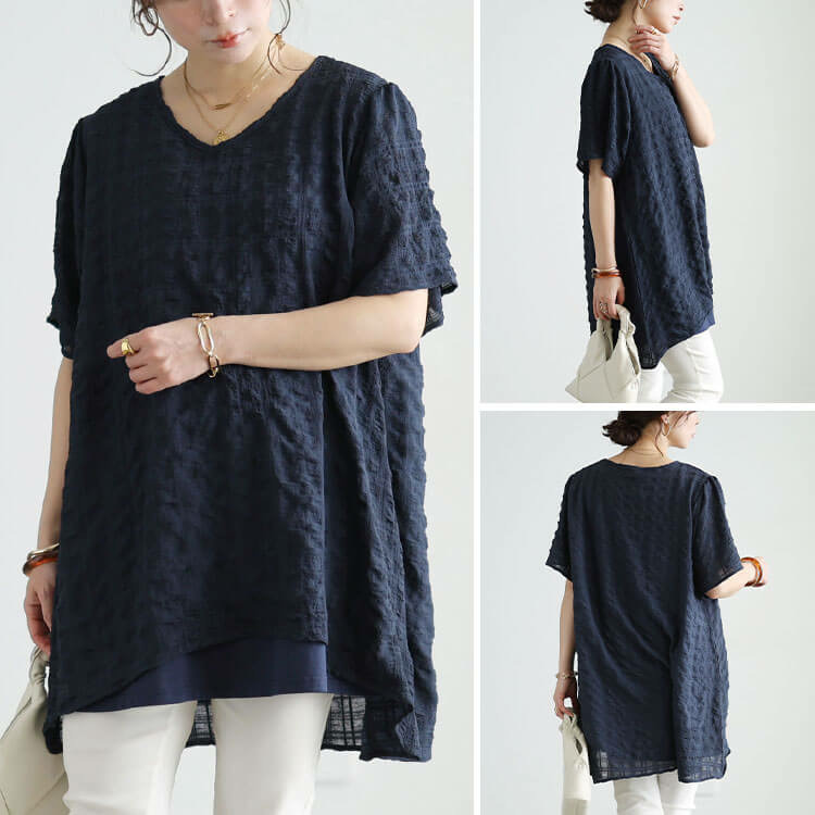 大きいサイズ レディース 異素材レイヤードVネックチュニック11