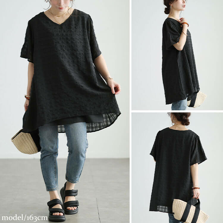 大きいサイズ レディース 異素材レイヤードVネックチュニック7