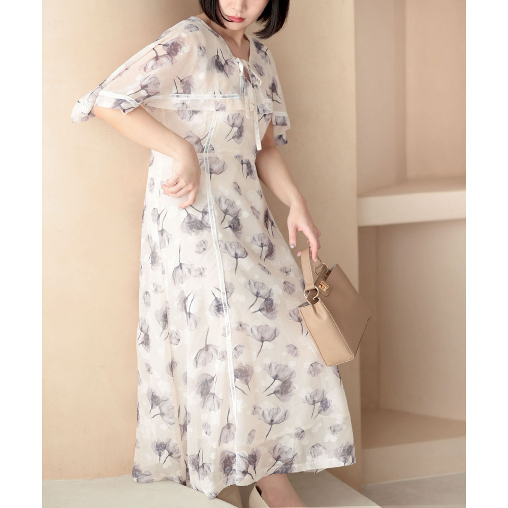 大きいサイズ レディース ケープスリーブフラワーワンピース1