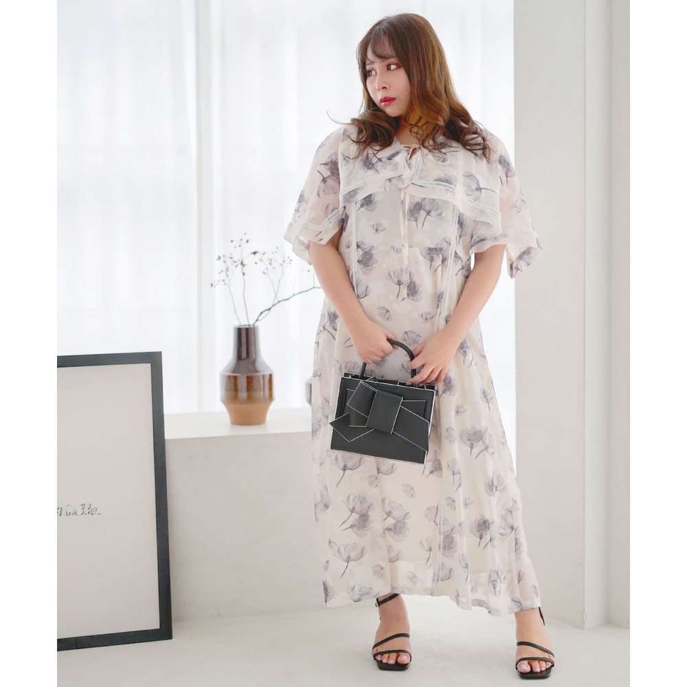 大きいサイズ レディース ケープスリーブフラワーワンピース11