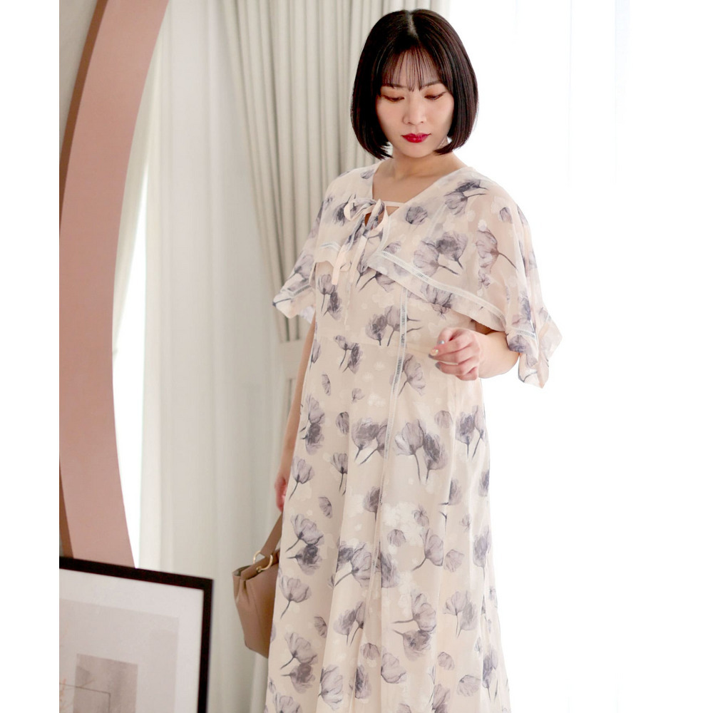 大きいサイズ レディース ケープスリーブフラワーワンピース15