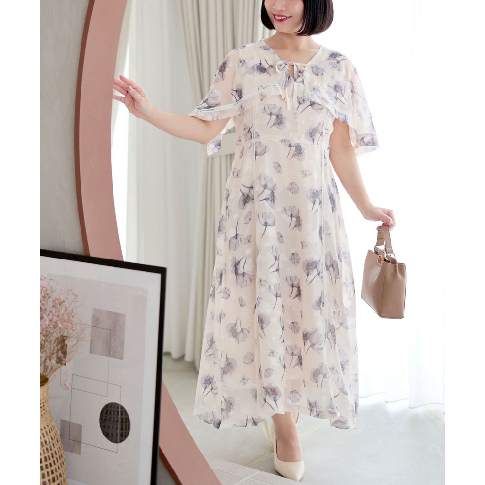 大きいサイズ レディース ケープスリーブフラワーワンピース19