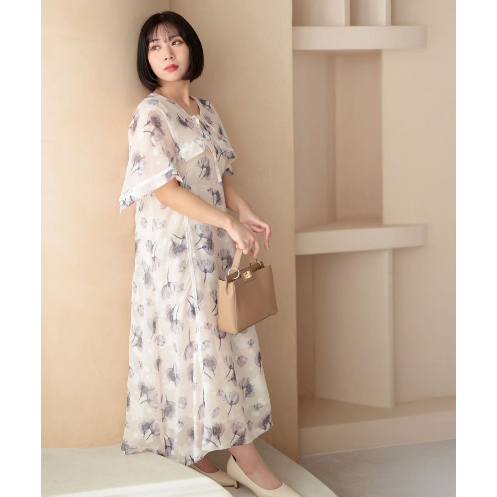 大きいサイズ レディース ケープスリーブフラワーワンピース2