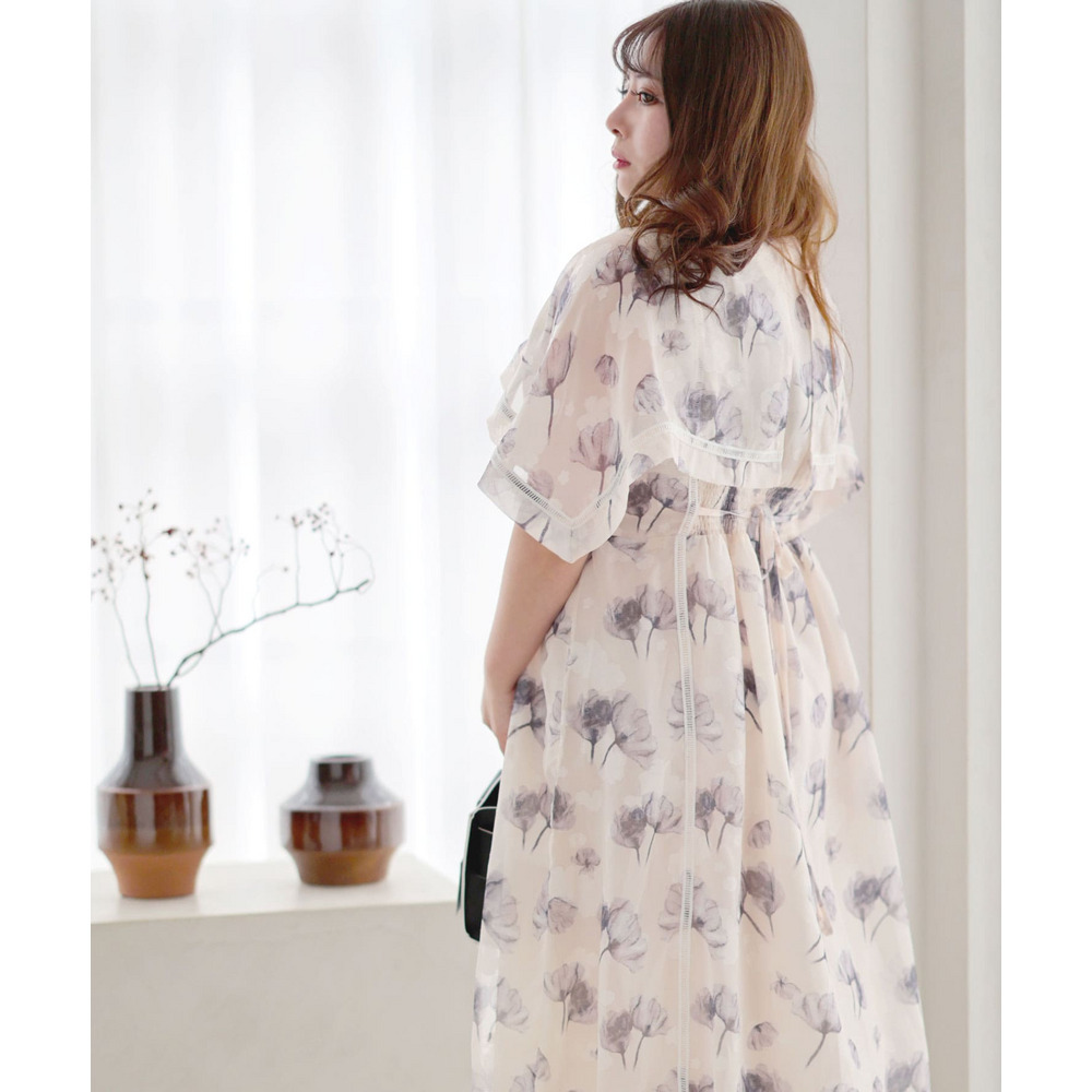 大きいサイズ レディース ケープスリーブフラワーワンピース5