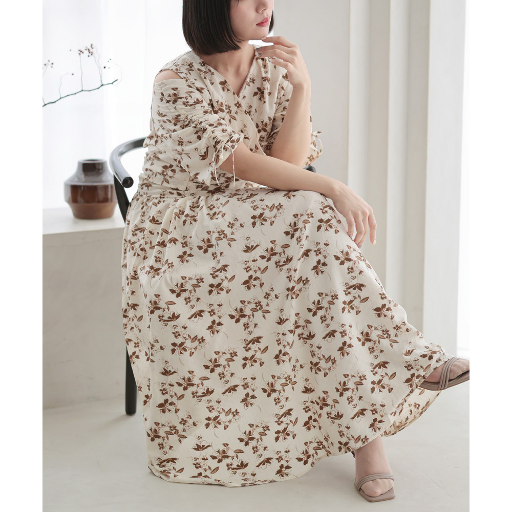 大きいサイズ レディース レトロフラワーウエストタックワンピース