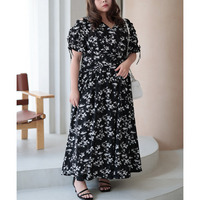 大きいサイズ レディース レトロフラワーウエストタックワンピース