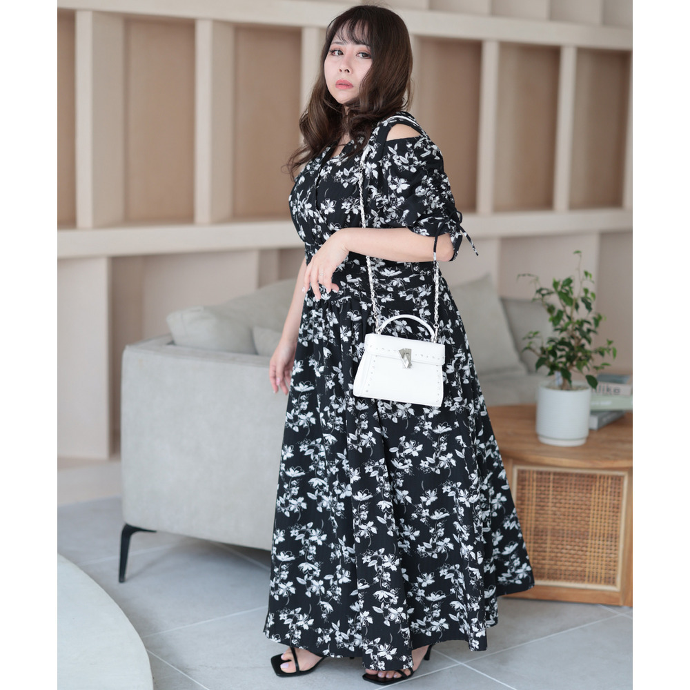 大きいサイズ レディース レトロフラワーウエストタックワンピース11