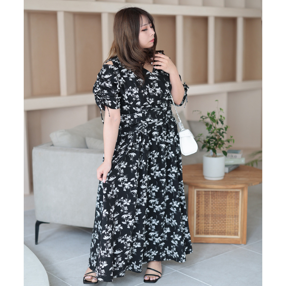 大きいサイズ レディース レトロフラワーウエストタックワンピース12